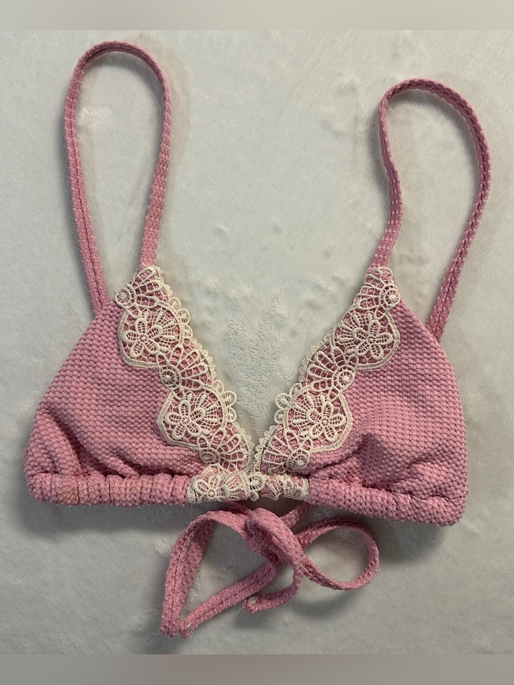 AERIE women's light pink waffle print lace embroidered triangle bikini top, S.